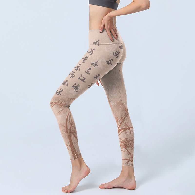 Buddha Stones Kalligraphie Orchidee Print Gym Leggings Damen Yogahose - image 3