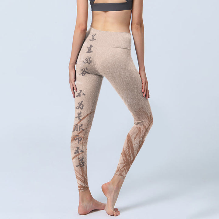 Buddha Stones Kalligraphie Orchidee Print Gym Leggings Damen Yogahose