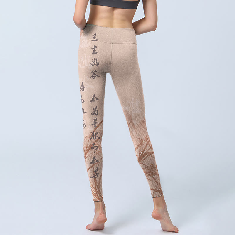 Buddha Stones Kalligraphie Orchidee Print Gym Leggings Damen Yogahose