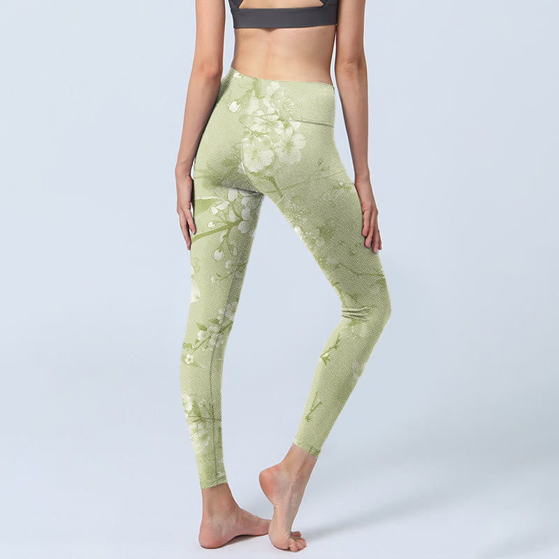 Buddha Stones Weiße Pflaumenblüten Print Gym Leggings Damen Yogahose