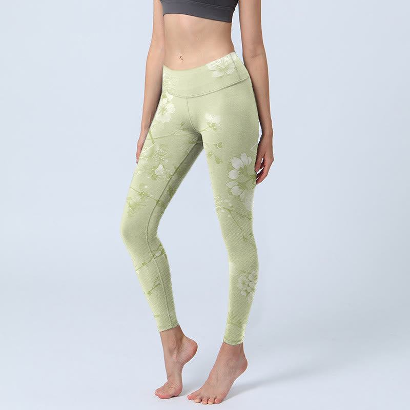 Buddha Stones Weiße Pflaumenblüten Print Gym Leggings Damen Yogahose - Blasse Goldrute - US18， UK/AU22，EU50 (4XL) - image 1
