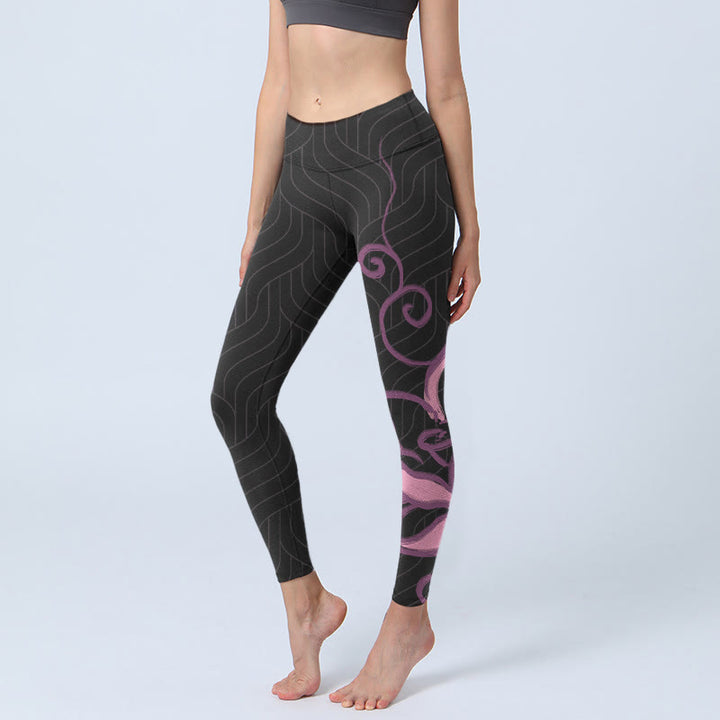 Buddha Stones Schwarz Rosa Lotusblumendruck Gym Leggings Damen Yogahose