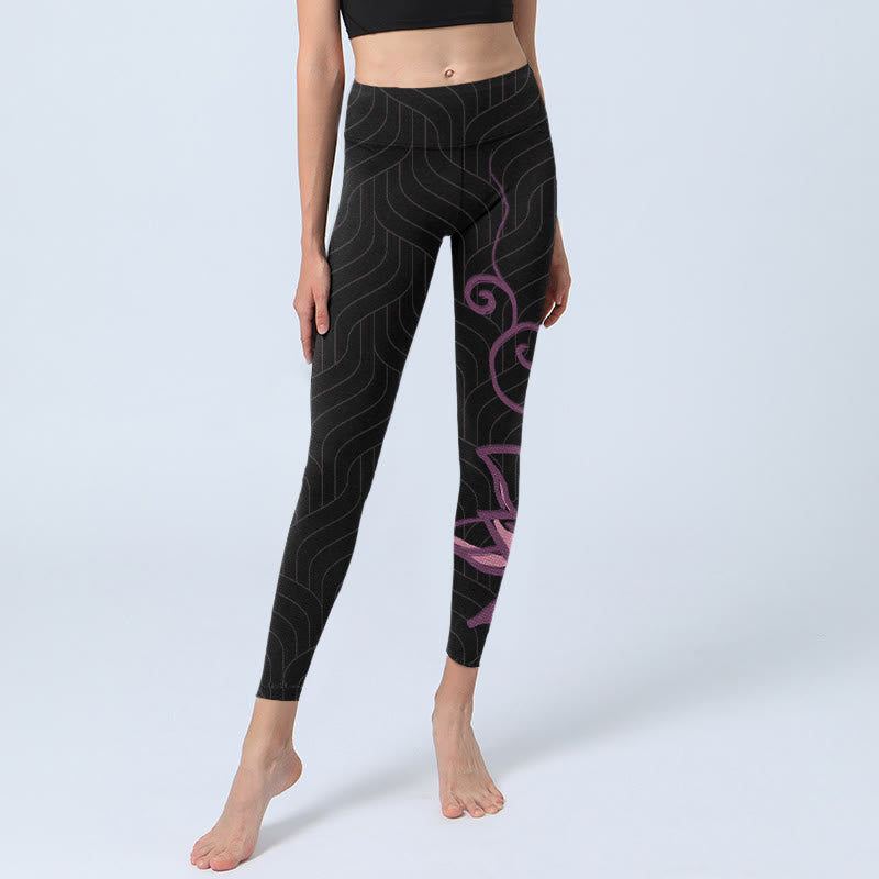 Buddha Stones Schwarz Rosa Lotusblumendruck Gym Leggings Damen Yogahose - image 5