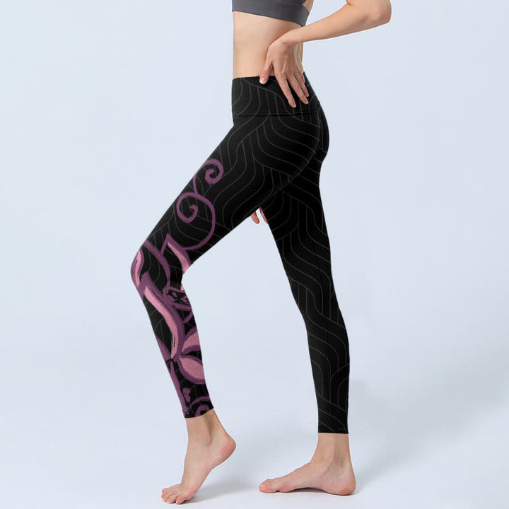 Buddha Stones Schwarz Rosa Lotusblumendruck Gym Leggings Damen Yogahose