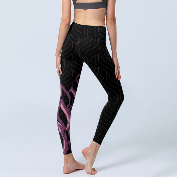 Buddha Stones Schwarz Rosa Lotusblumendruck Gym Leggings Damen Yogahose