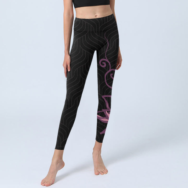 Buddha Stones Schwarz Rosa Lotusblumendruck Gym Leggings Damen Yogahose