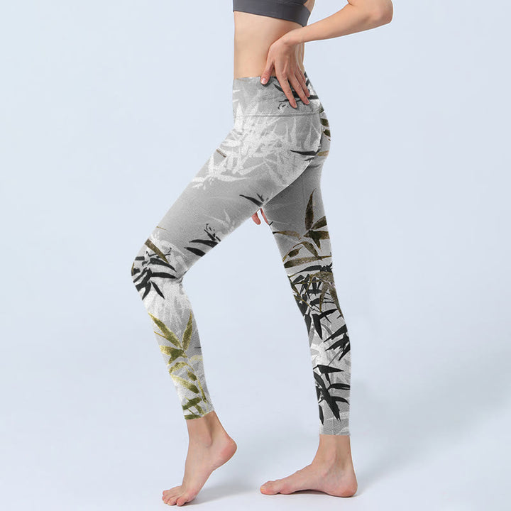 Buddha Stones Dunkelgraue Bambusblätter-Druck-Gymnastik-Leggings für Damen