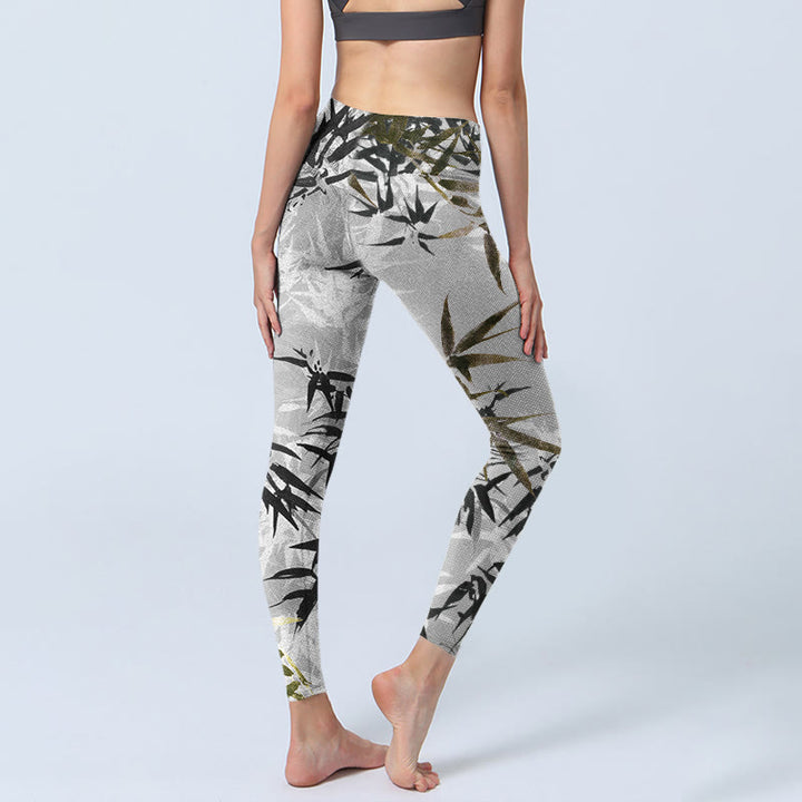 Buddha Stones Dunkelgraue Bambusblätter-Druck-Gymnastik-Leggings für Damen - image 5