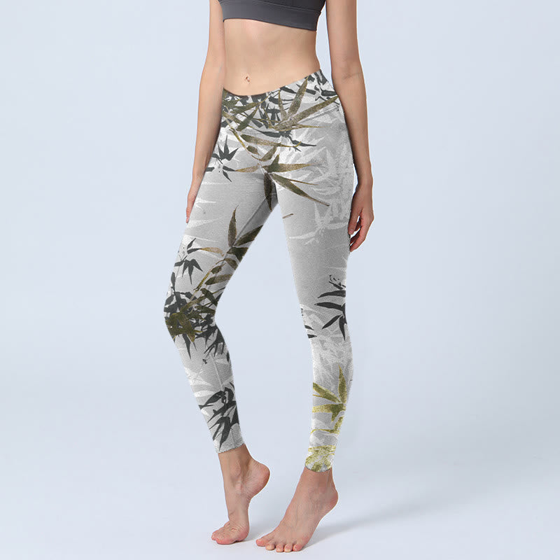Buddha Stones Dunkelgraue Bambusblätter-Druck-Gymnastik-Leggings für Damen - Dunkelgrau - US18， UK/AU22，EU50 (4XL) - image 1