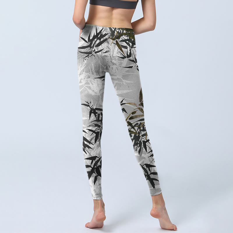 Buddha Stones Dunkelgraue Bambusblätter-Druck-Gymnastik-Leggings für Damen