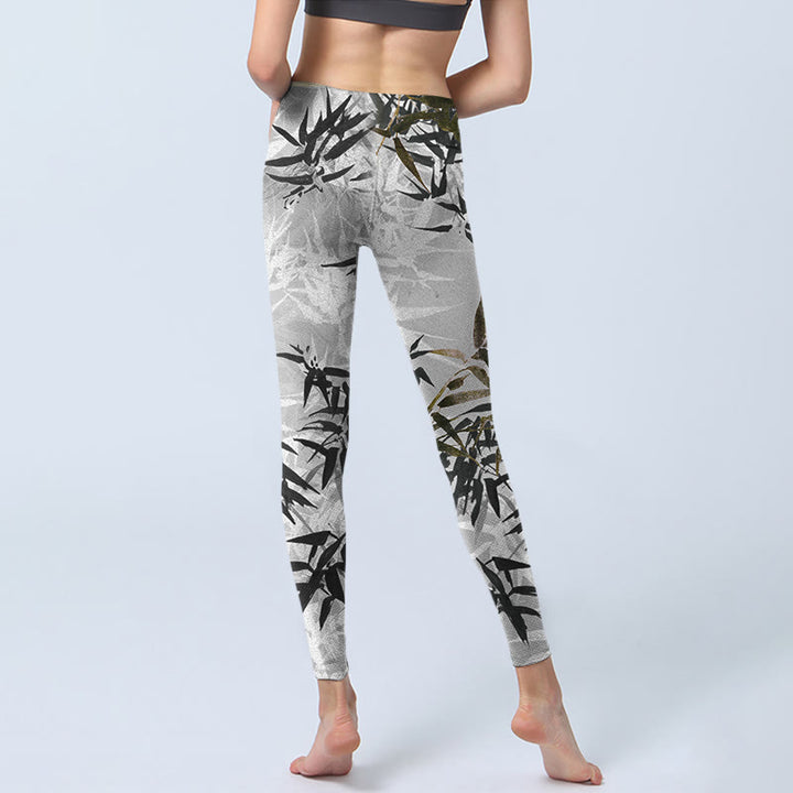 Buddha Stones Dunkelgraue Bambusblätter-Druck-Gymnastik-Leggings für Damen