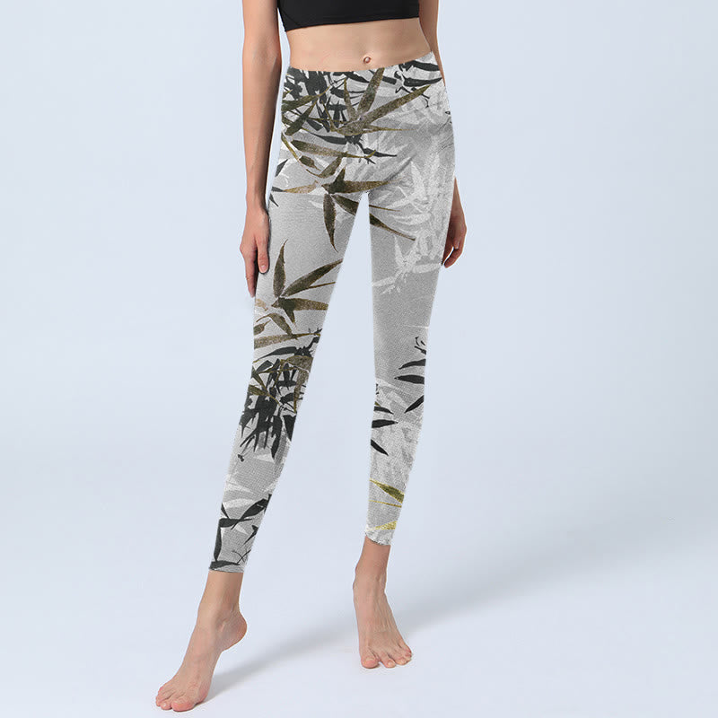 Buddha Stones Dunkelgraue Bambusblätter-Druck-Gymnastik-Leggings für Damen