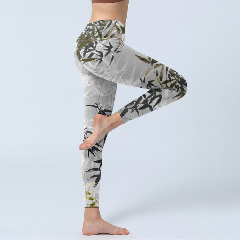 Buddha Stones Dunkelgraue Bambusblätter-Druck-Gymnastik-Leggings für Damen