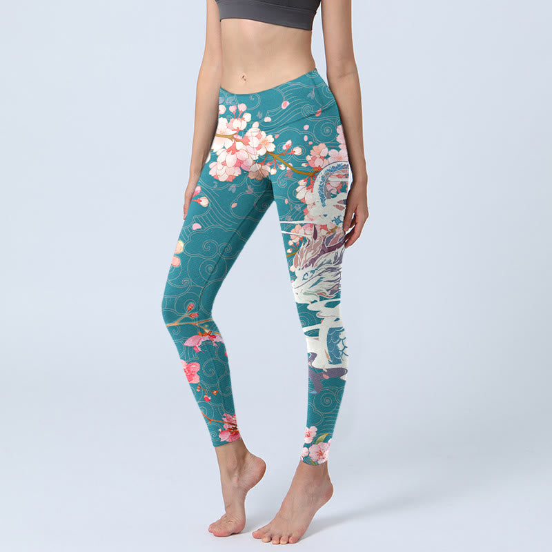 Buddha Stones ​​Drachen Kirschblüten Druck Gym Leggings frauen Yoga Hosen - CadetBlue - US18， UK/AU22，EU50 (4XL) - image 1
