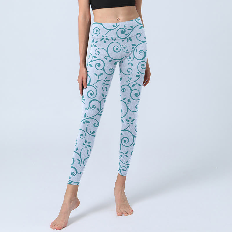 Buddha Stones Blaue Weinblätter Print Gym Leggings Damen Yogahose - image 6