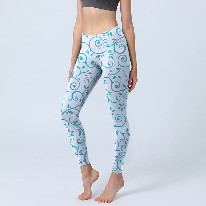 Buddha Stones Blaue Weinblätter Print Gym Leggings Damen Yogahose