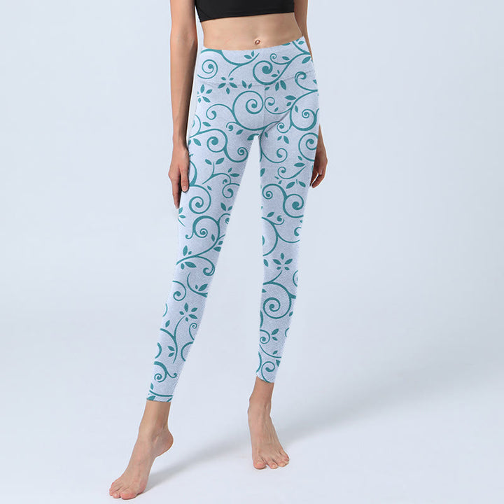 Buddha Stones Blaue Weinblätter Print Gym Leggings Damen Yogahose