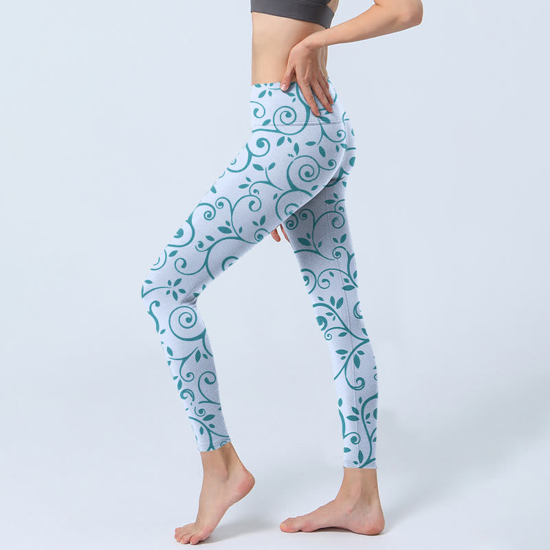 Buddha Stones Blaue Weinblätter Print Gym Leggings Damen Yogahose