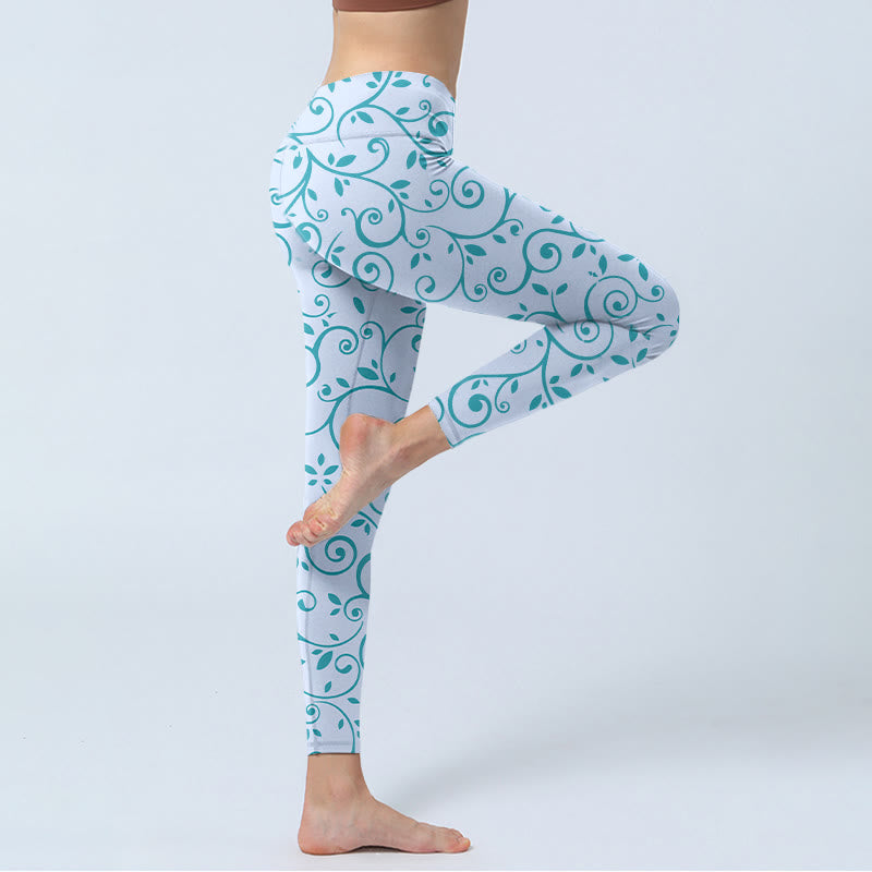 Buddha Stones Blaue Weinblätter Print Gym Leggings Damen Yogahose