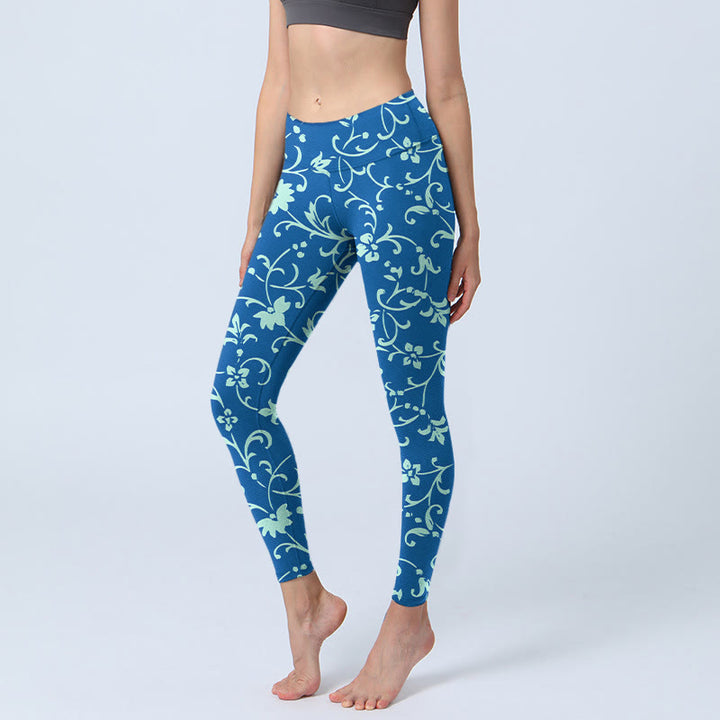 Buddha Stones ​​Ranken Pflanzen Blumen Druck Gym Leggings frauen Yoga Hosen - Stahlblau - US18， UK/AU22，EU50 (4XL) - image 1
