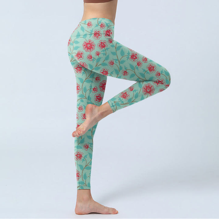 Buddha Stones Weinblätter Blütendruck Gym Leggings Damen Yogahose