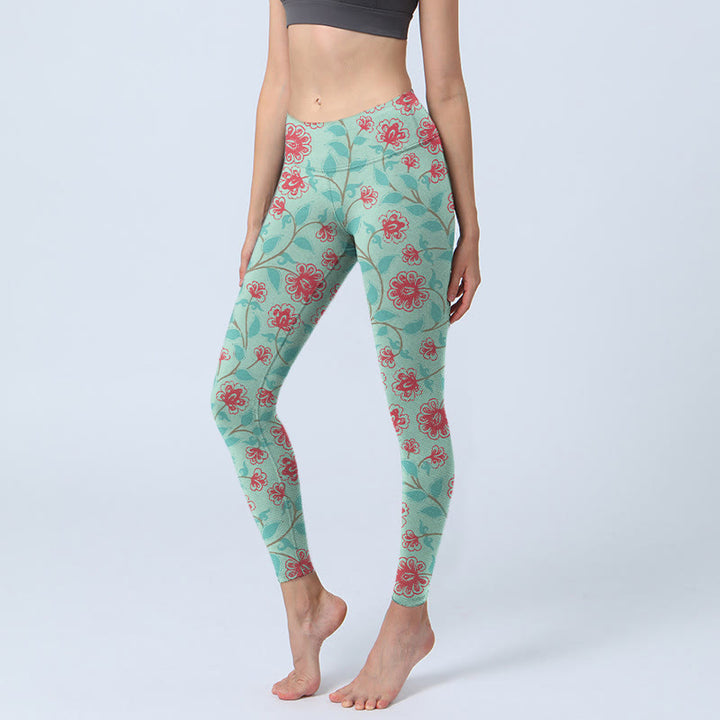 Buddha Stones Weinblätter Blütendruck Gym Leggings Damen Yogahose - MittelAquamarin - US18， UK/AU22，EU50 (4XL) - image 1