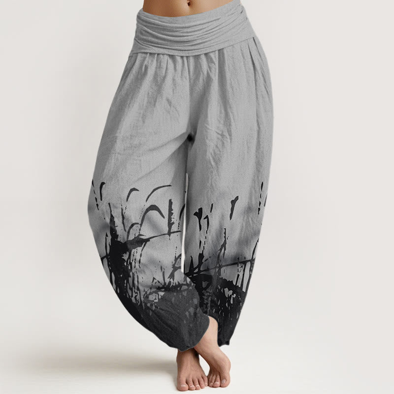 Haremshose für Damen mit elastischer Taille und Buddha Stones, Wildgras-Muster - Grau - US22， UK/AU26，EU54 (6XL) - image 1