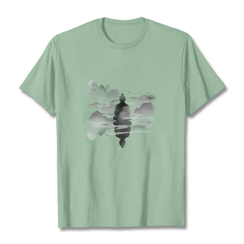 Buddha Stones ​​Meditierender Buddha Sitzend In Bergen Muster Baumwolle T-shirt - Blassgrün - 2XL - image 13