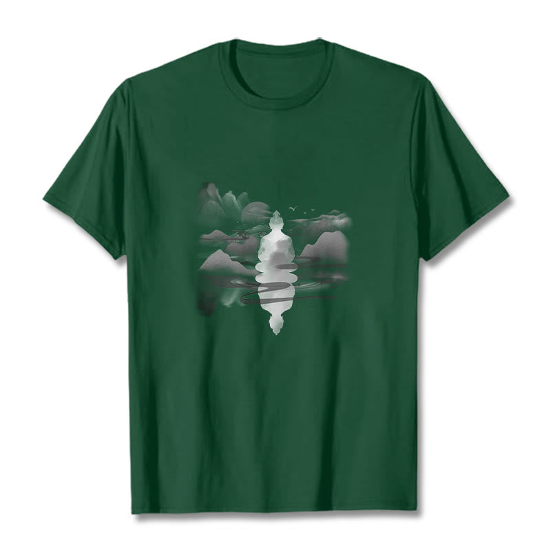 Buddha Stones ​​Meditierender Buddha Sitzend In Bergen Muster Baumwolle T-shirt - Waldgrün - 2XL - image 10