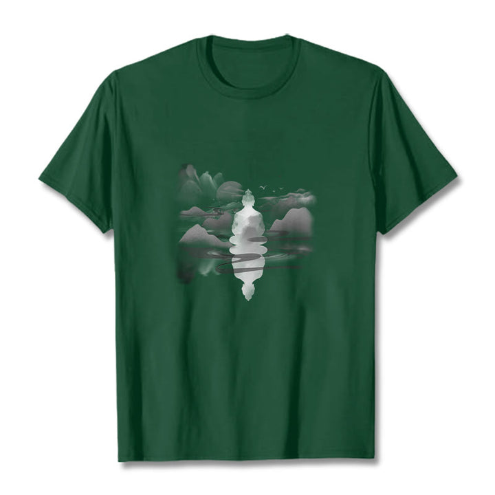 Buddha Stones ​​Meditierender Buddha Sitzend In Bergen Muster Baumwolle T-shirt - Waldgrün - 2XL - image 10