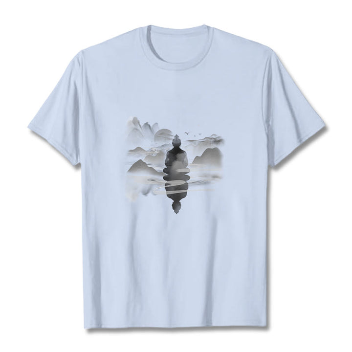 Buddha Stones ​​Meditierender Buddha Sitzend In Bergen Muster Baumwolle T-shirt - Hellcyan - 2XL - image 18