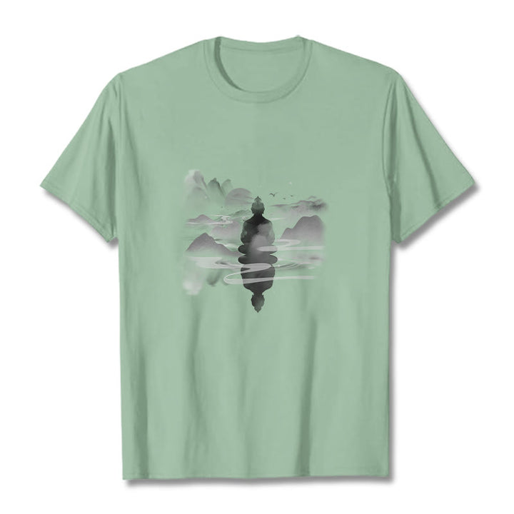 Buddha Stones ​​Meditierender Buddha Sitzend In Bergen Muster Baumwolle T-shirt - Hellgrün - 2XL - image 12