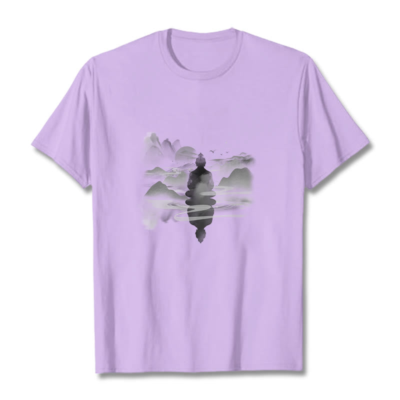 Buddha Stones ​​Meditierender Buddha Sitzend In Bergen Muster Baumwolle T-shirt - Pflaume - 2XL - image 15