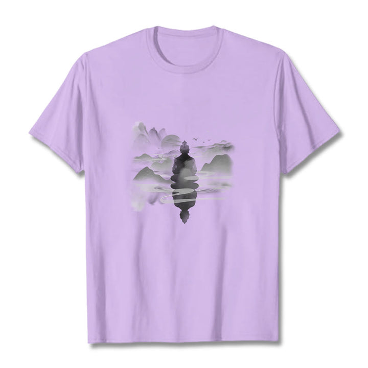 Buddha Stones ​​Meditierender Buddha Sitzend In Bergen Muster Baumwolle T-shirt - Pflaume - 2XL - image 14