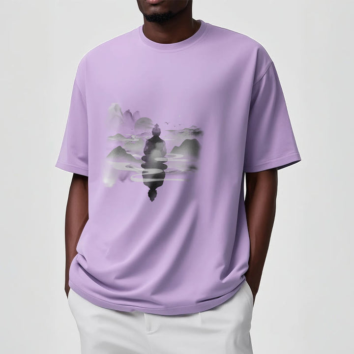 Buddha Stones ​​Meditierender Buddha Sitzend In Bergen Muster Baumwolle T-shirt - image 16