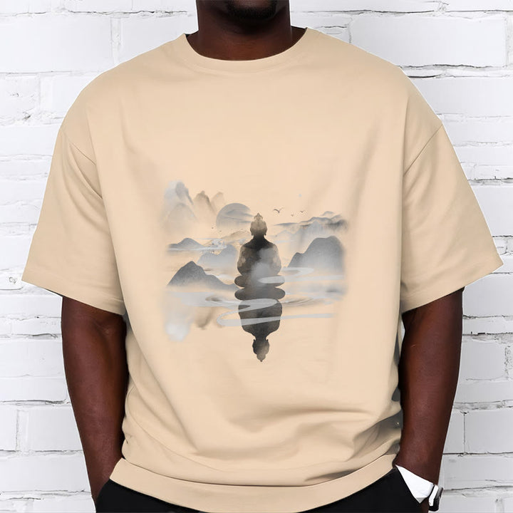 Buddha Stones ​​Meditierender Buddha Sitzend In Bergen Muster Baumwolle T-shirt - image 17