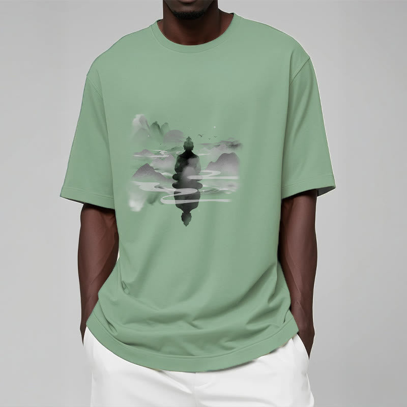 Buddha Stones ​​Meditierender Buddha Sitzend In Bergen Muster Baumwolle T-shirt - image 14