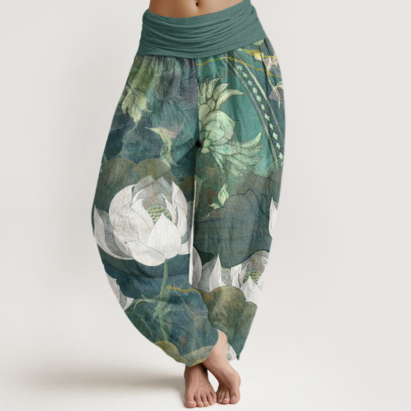 Buddha Stones, weiße Lotusblätter-Muster, lässige Haremshose für Damen mit elastischer Taille - Seegrün - US22， UK/AU26，EU54 (6XL) - image 1