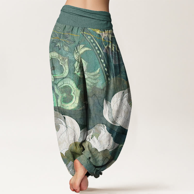 Buddha Stones, weiße Lotusblätter-Muster, lässige Haremshose für Damen mit elastischer Taille - image 2