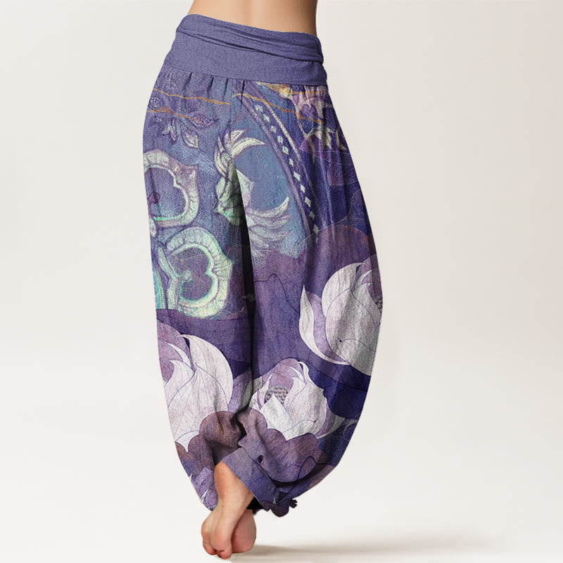 Buddha Stones, weiße Lotusblätter-Muster, lässige Haremshose für Damen mit elastischer Taille - image 10
