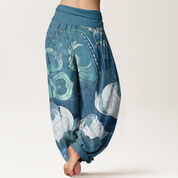 Buddha Stones, weiße Lotusblätter-Muster, lässige Haremshose für Damen mit elastischer Taille - image 7