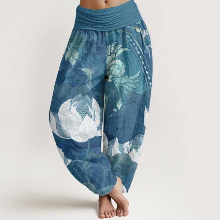 Buddha Stones, weiße Lotusblätter-Muster, lässige Haremshose für Damen mit elastischer Taille - Stahlblau - US22， UK/AU26，EU54 (6XL) - image 5