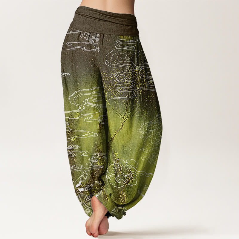 Haremshose mit elastischer Taille und Buddha Stones, weißen glückverheißenden Wolken, Vögeln und Bäumen - image 10