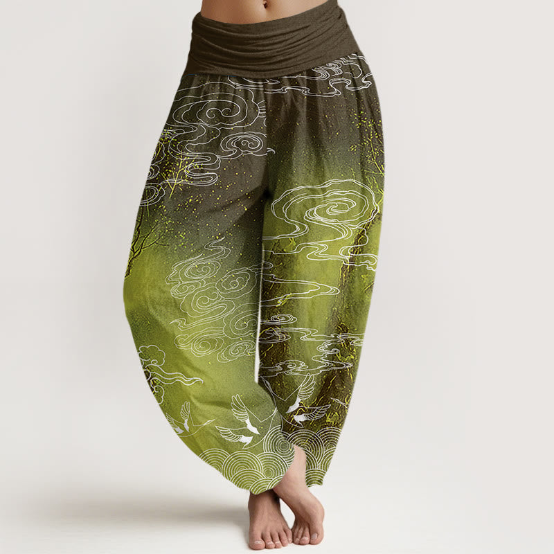 Haremshose mit elastischer Taille und Buddha Stones, weißen glückverheißenden Wolken, Vögeln und Bäumen - Gelbgrün - US22, UK/AU26, EU54 (6XL) - image 8