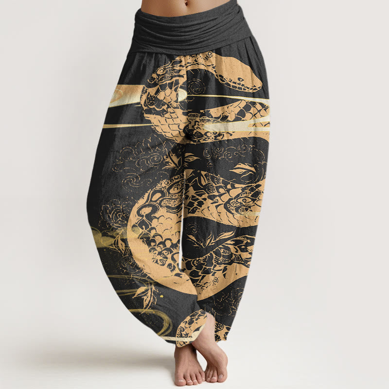 Haremshose mit Buddha Stones und glückverheißenden Wolken und Schlangenmuster für Damen mit elastischer Taille - Schwarz - US22， UK/AU26，EU54 (6XL) - image 1