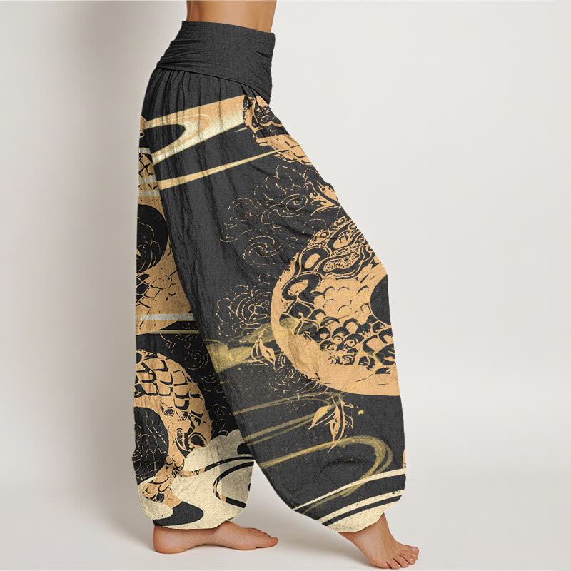 Haremshose mit Buddha Stones und glückverheißenden Wolken und Schlangenmuster für Damen mit elastischer Taille - image 2