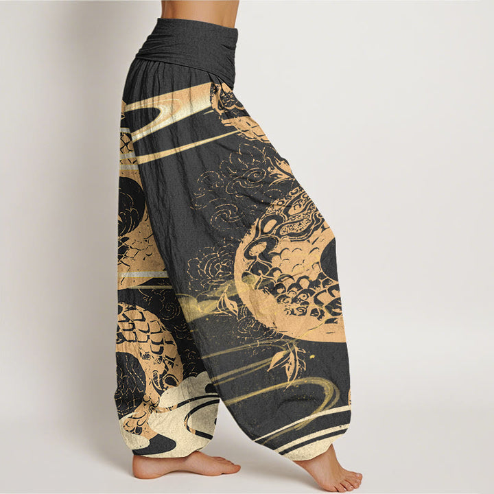 Haremshose mit Buddha Stones und glückverheißenden Wolken und Schlangenmuster für Damen mit elastischer Taille - image 2