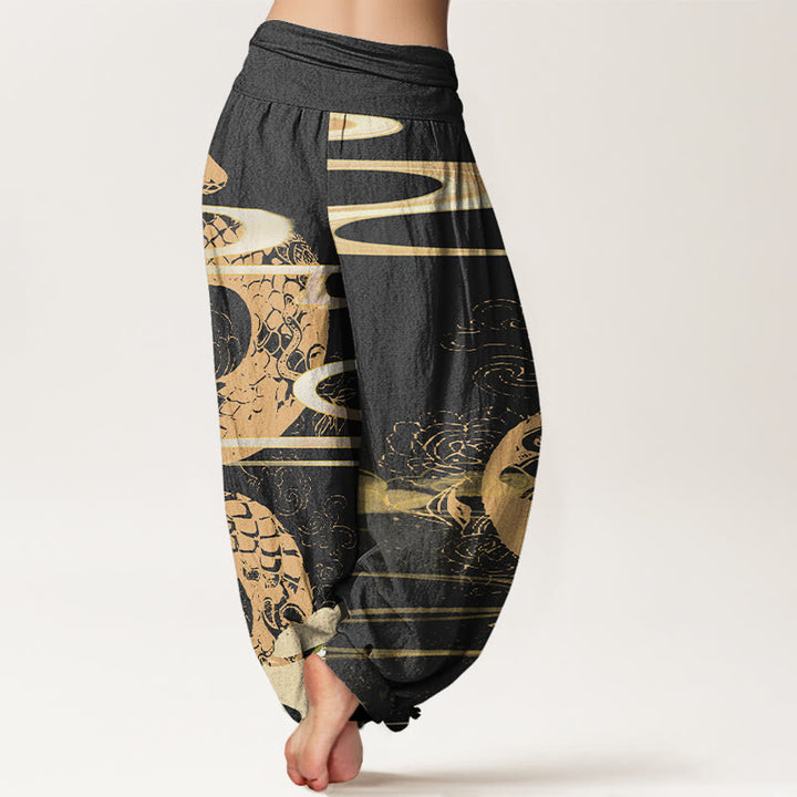 Haremshose mit Buddha Stones und glückverheißenden Wolken und Schlangenmuster für Damen mit elastischer Taille - image 3