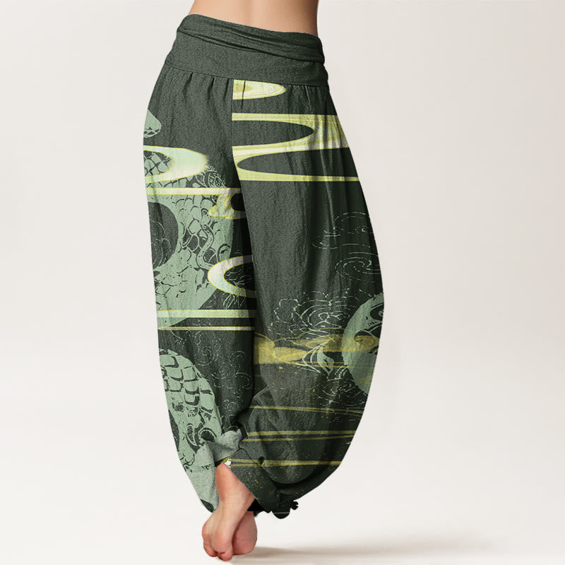 Haremshose mit Buddha Stones und glückverheißenden Wolken und Schlangenmuster für Damen mit elastischer Taille - image 7