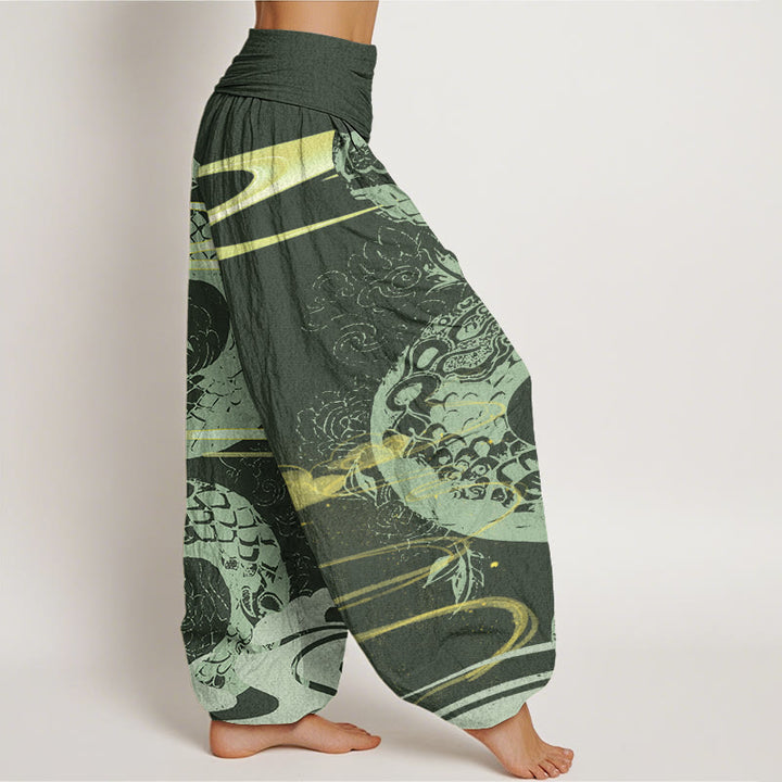 Haremshose mit Buddha Stones und glückverheißenden Wolken und Schlangenmuster für Damen mit elastischer Taille - image 6